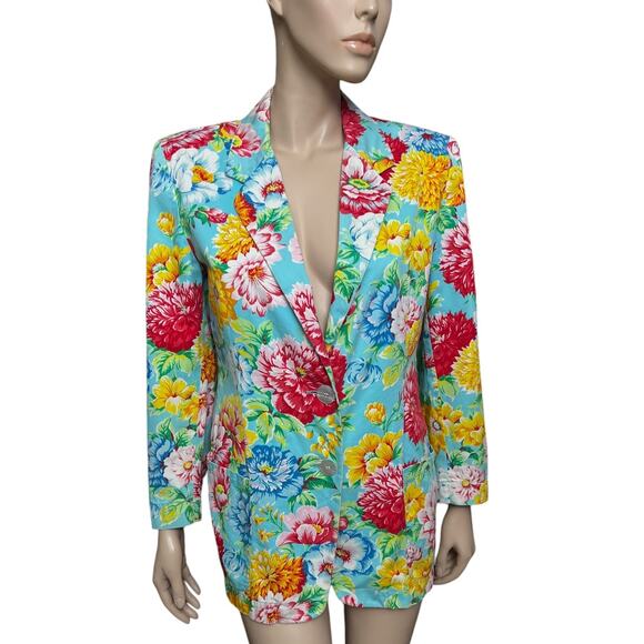 Genny Vintage Made in Italy Floral Blazer Jacket Sz 8 USA 100% Cotton V-Neckline